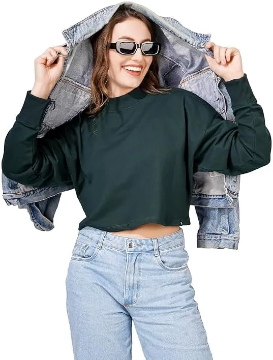 Women's Cropped Sweatshirts Long Sleeve Pull-On Fleece Crop Sweatshirts For Women's