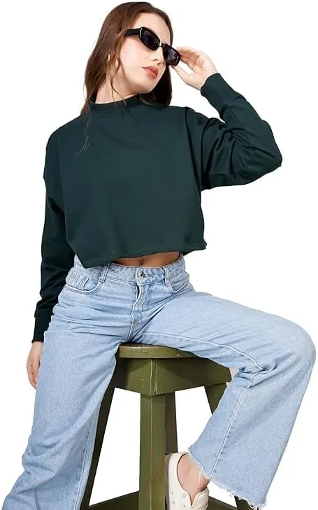 Women's Cropped Sweatshirts Long Sleeve Pull-On Fleece Crop Sweatshirts For Women's