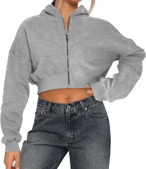 Womens Cropped Zip Up Hoodies Loose Fleece Sweatshirts Casual Hooded Jackets Cropped Running Gym