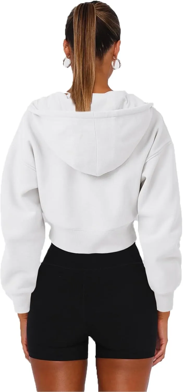 Womens Cropped Zip Up Hoodies Loose Fleece Sweatshirts Casual Hooded Jackets Cropped Running Gym