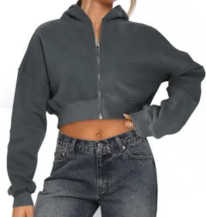 Womens Cropped Zip Up Hoodies Loose Fleece Sweatshirts Casual Hooded Jackets Cropped Running Gym