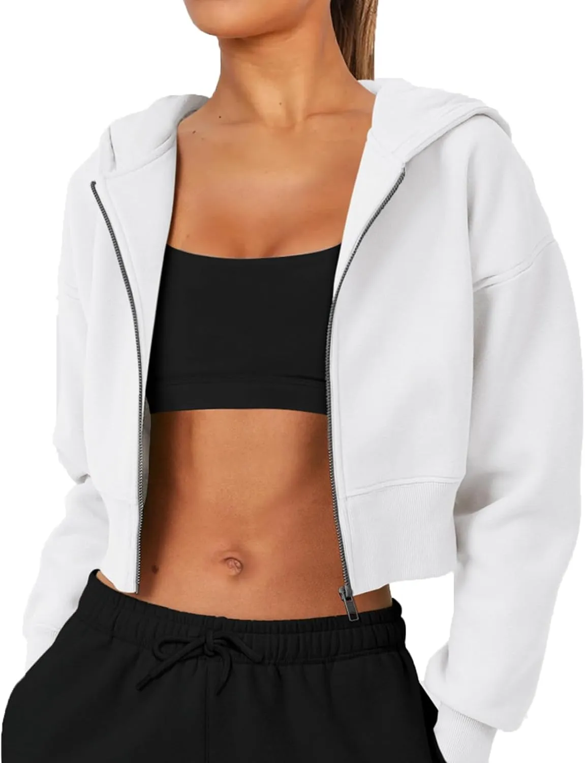 Womens Cropped Zip Up Hoodies Loose Fleece Sweatshirts Casual Hooded Jackets Cropped Running Gym