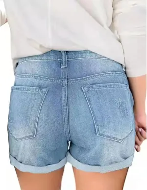 Women's Demi Shorts High Waisted Rolled Hem Distressed Jeans Ripped Denim Shorts