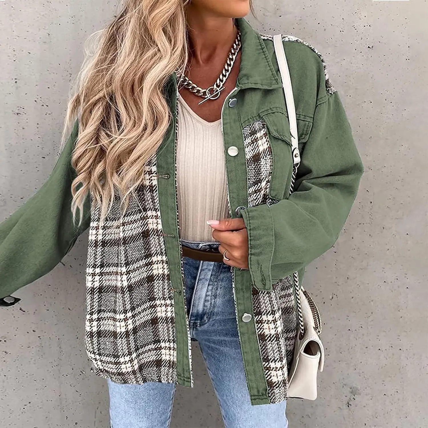 Womens Denim Jacket Plus Size Long Sleeve Lapel Button Down Boyfriend Denim Washed Coat Trucker Denim Jacket