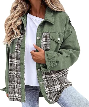 Womens Denim Jacket Plus Size Long Sleeve Lapel Button Down Boyfriend Denim Washed Coat Trucker Denim Jacket