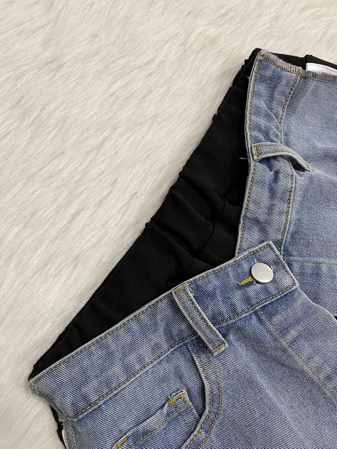 Womens Denim Patchwork Pants Stretchy High Waisted Straight Wide Leg Side Stripe Trousers with Pockets
