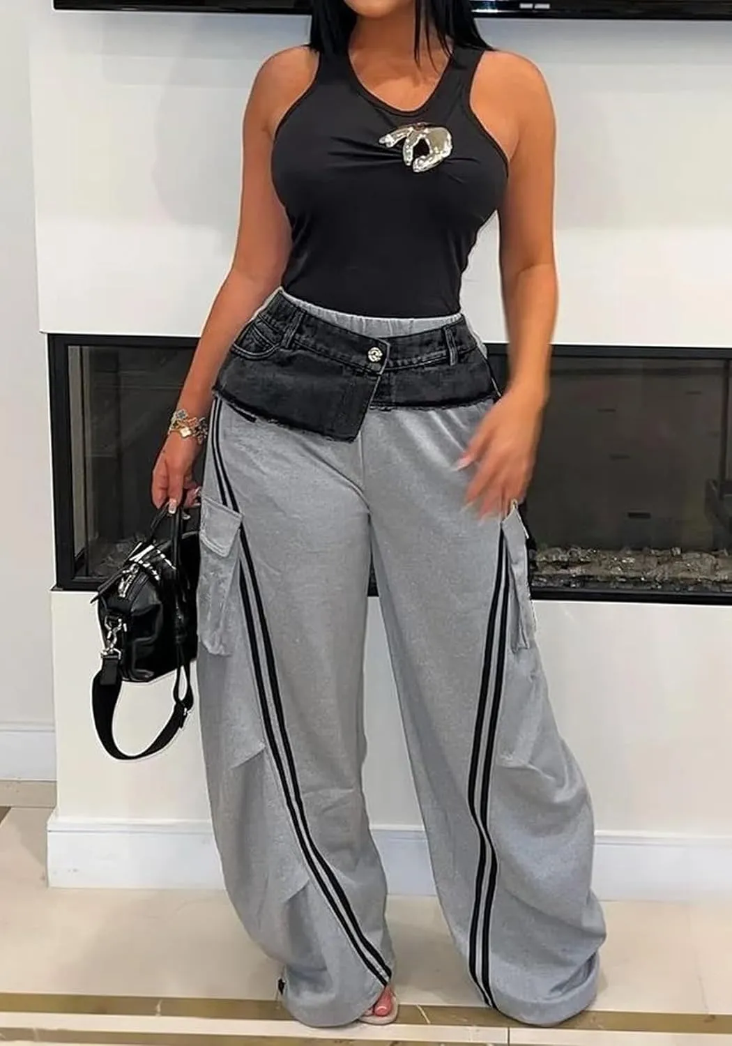 Womens Denim Patchwork Pants Stretchy High Waisted Straight Wide Leg Side Stripe Trousers with Pockets