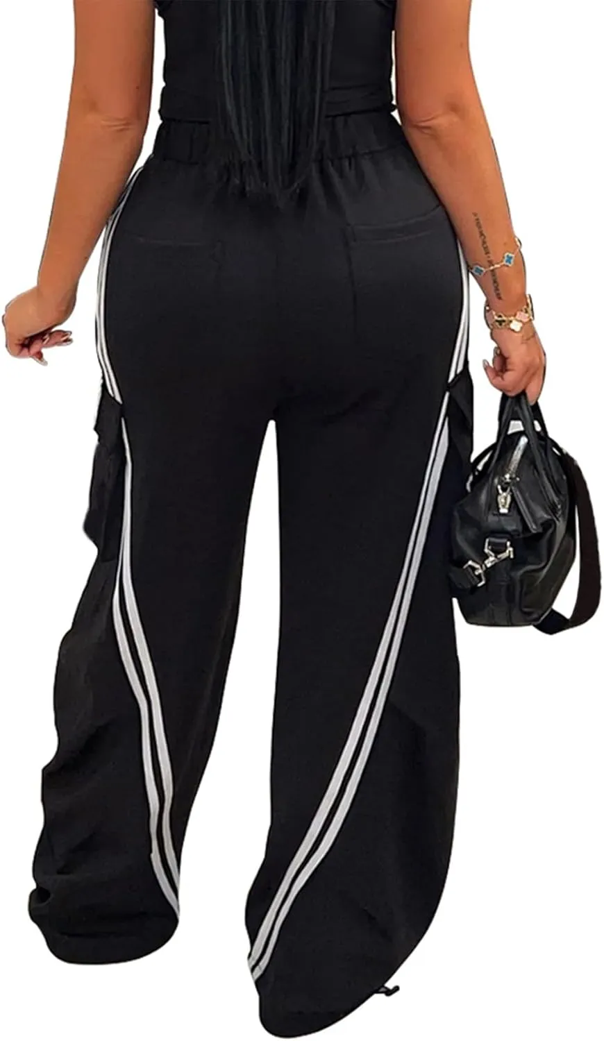 Womens Denim Patchwork Pants Stretchy High Waisted Straight Wide Leg Side Stripe Trousers with Pockets