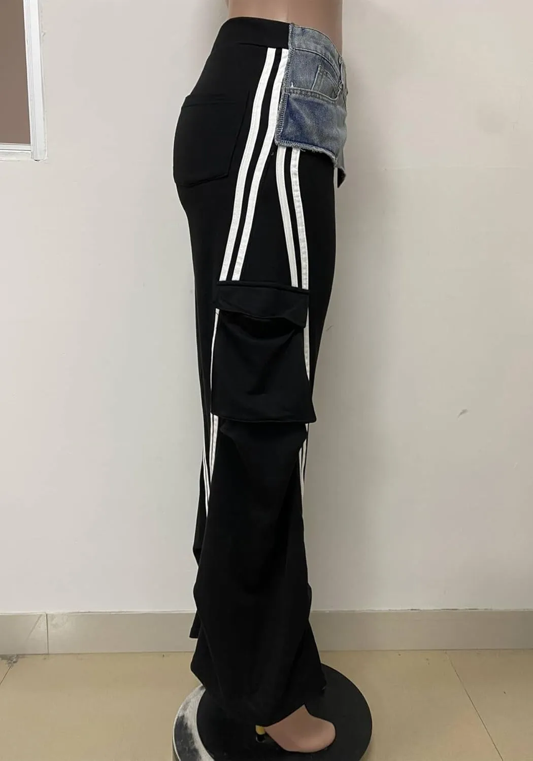 Womens Denim Patchwork Pants Stretchy High Waisted Straight Wide Leg Side Stripe Trousers with Pockets
