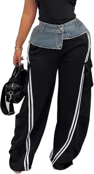 Womens Denim Patchwork Pants Stretchy High Waisted Straight Wide Leg Side Stripe Trousers with Pockets