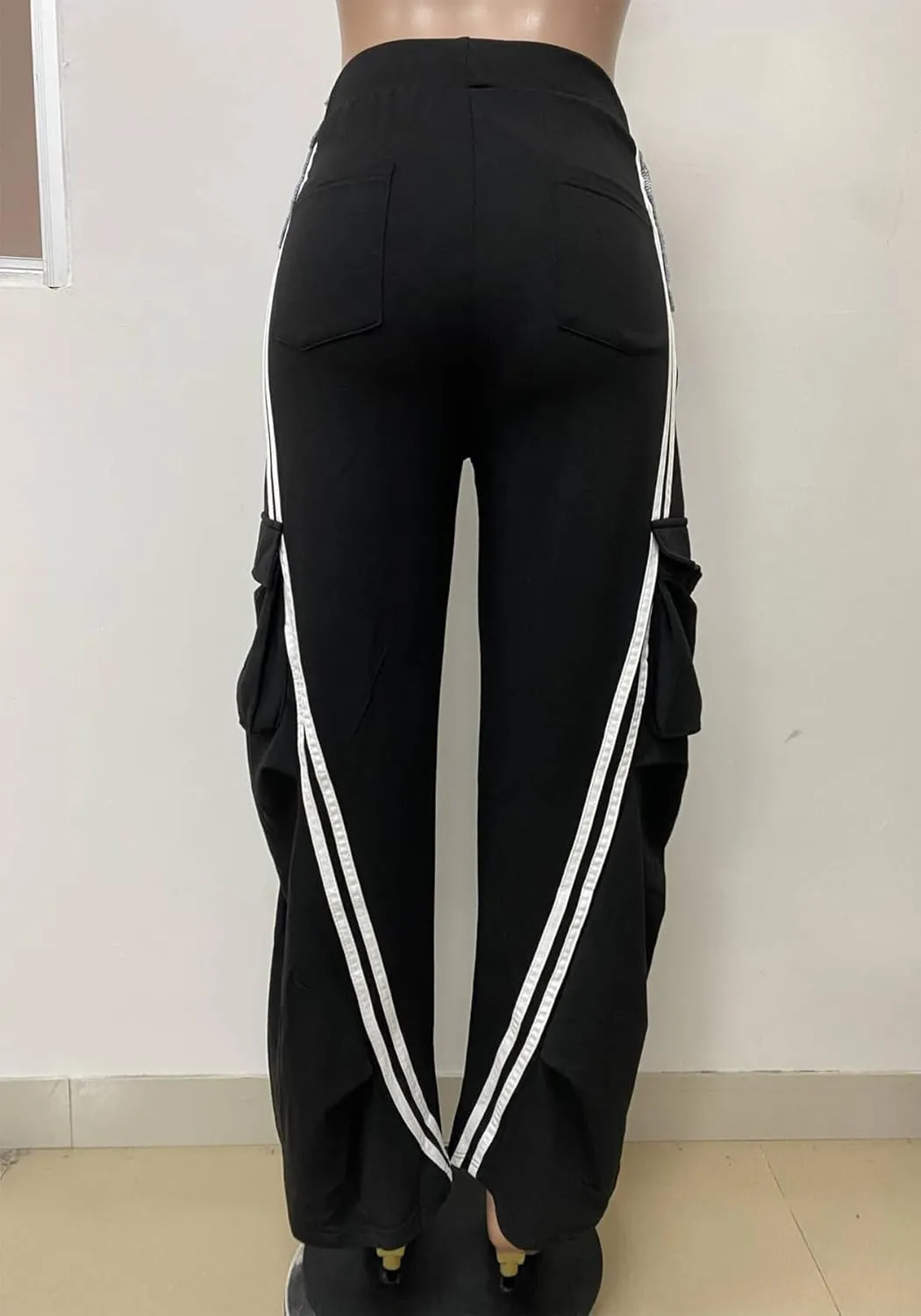 Womens Denim Patchwork Pants Stretchy High Waisted Straight Wide Leg Side Stripe Trousers with Pockets