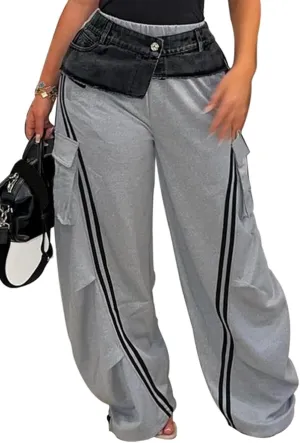 Womens Denim Patchwork Pants Stretchy High Waisted Straight Wide Leg Side Stripe Trousers with Pockets
