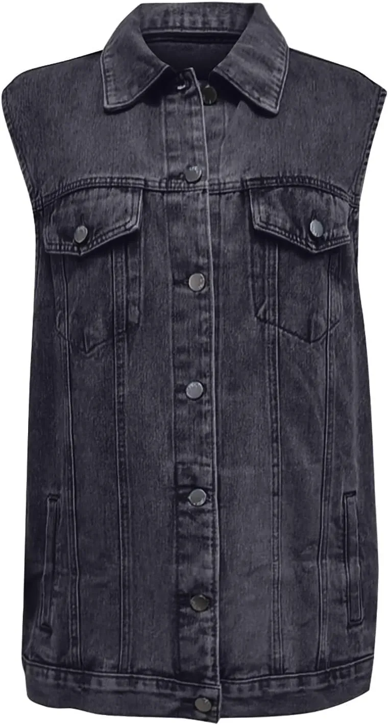 Women's Denim Vest Jacket Classic Oversized Boyfriend Sleeveless Button Down Jean Waistcoat Outerwear