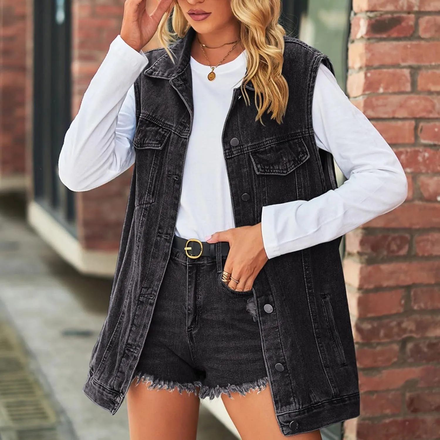 Women's Denim Vest Jacket Classic Oversized Boyfriend Sleeveless Button Down Jean Waistcoat Outerwear