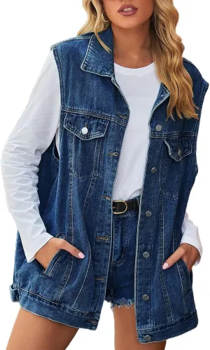 Women's Denim Vest Jacket Classic Oversized Boyfriend Sleeveless Button Down Jean Waistcoat Outerwear
