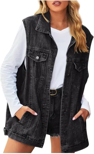 Women's Denim Vest Jacket Classic Oversized Boyfriend Sleeveless Button Down Jean Waistcoat Outerwear