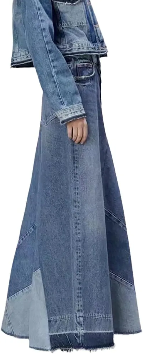 Women's Distressed Patchwork Long Denim Skirt High Waist Frayed Raw Hem A-Line Maxi Jean Skirts