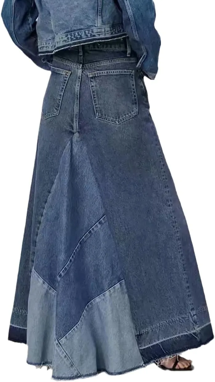 Women's Distressed Patchwork Long Denim Skirt High Waist Frayed Raw Hem A-Line Maxi Jean Skirts