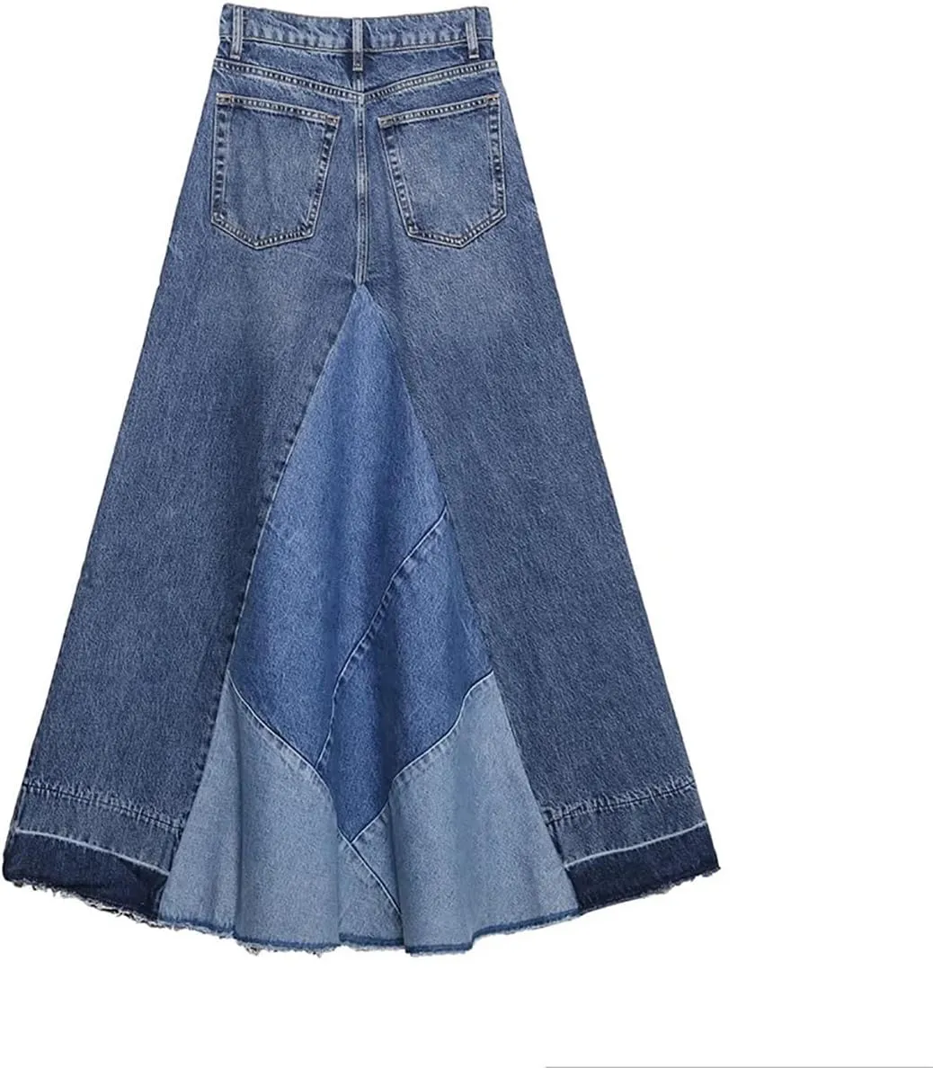 Women's Distressed Patchwork Long Denim Skirt High Waist Frayed Raw Hem A-Line Maxi Jean Skirts