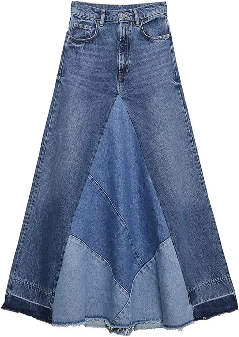 Women's Distressed Patchwork Long Denim Skirt High Waist Frayed Raw Hem A-Line Maxi Jean Skirts