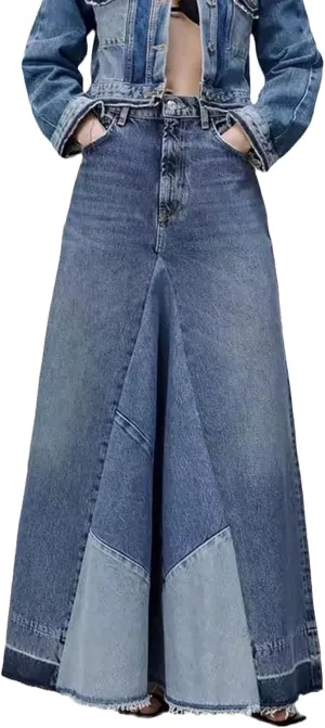 Women's Distressed Patchwork Long Denim Skirt High Waist Frayed Raw Hem A-Line Maxi Jean Skirts