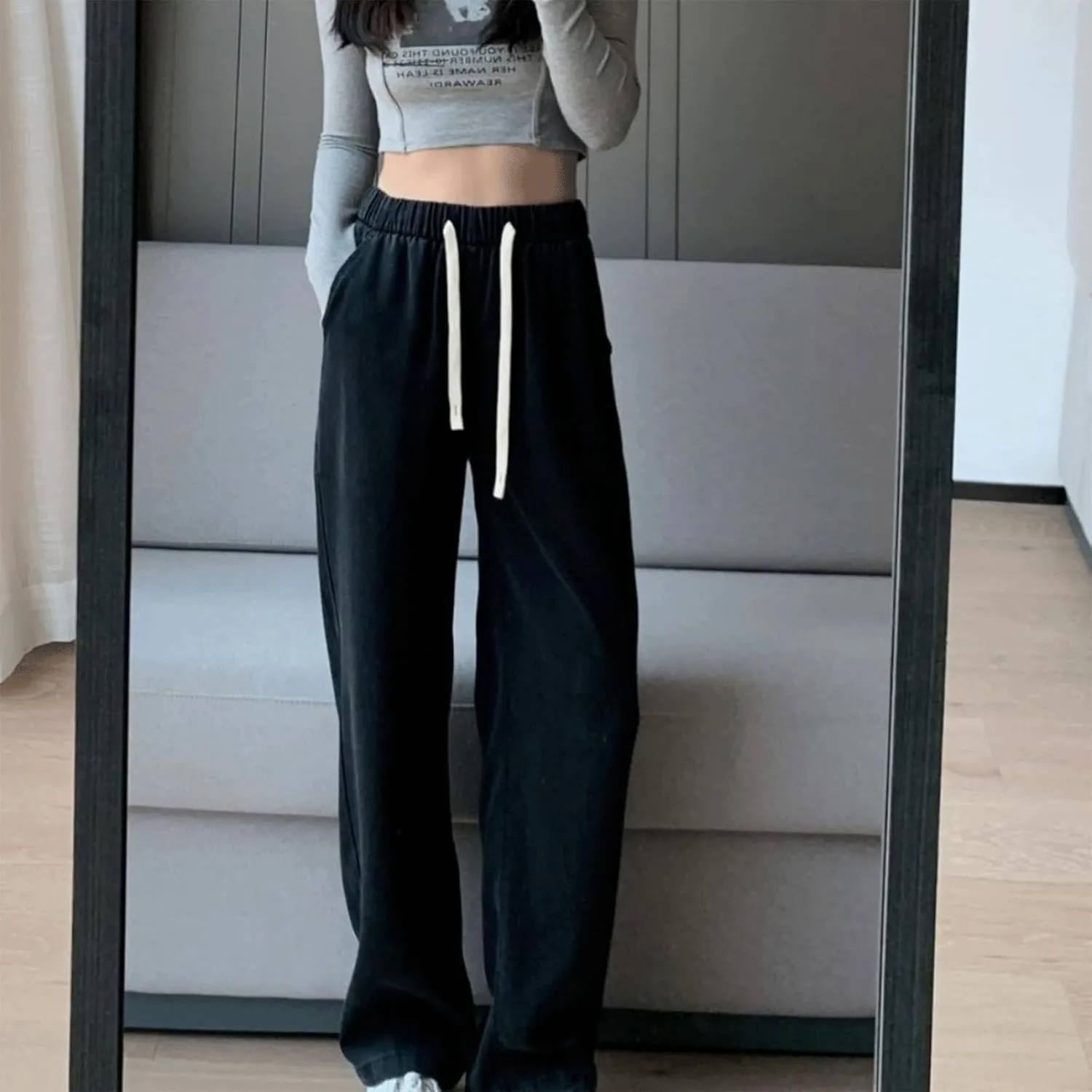 Women's Drawstring Jeans High Waisted Loose Fit Denim Pants Straight Leg Jeans Trendy Pockets Loose Wide Leg Pants