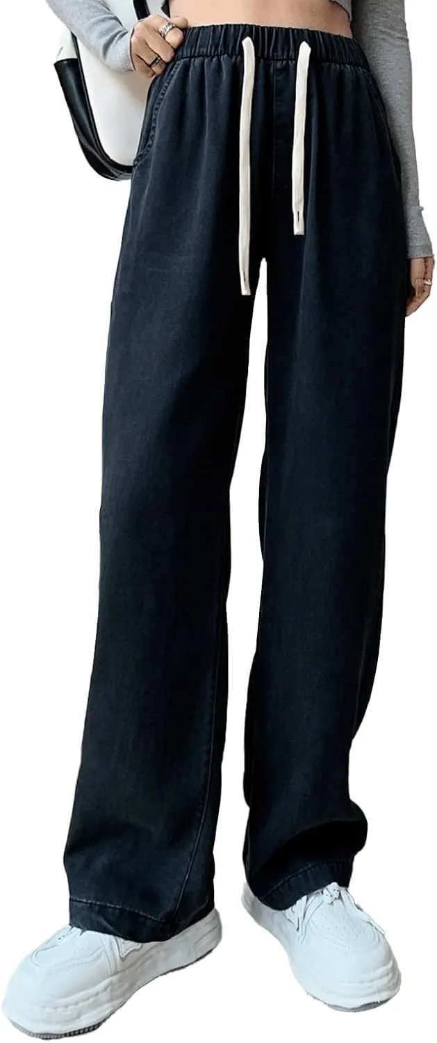 Women's Drawstring Jeans High Waisted Loose Fit Denim Pants Straight Leg Jeans Trendy Pockets Loose Wide Leg Pants
