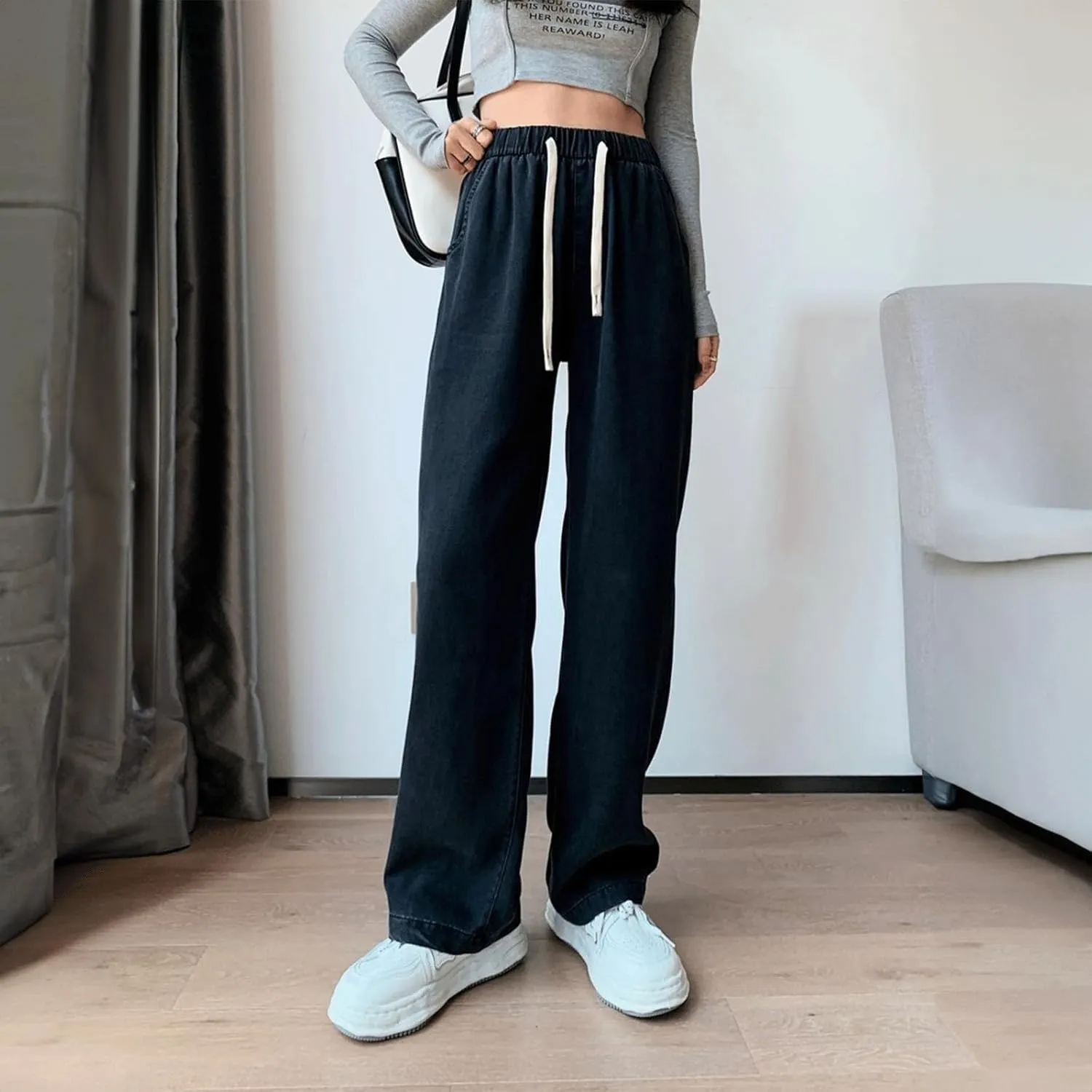 Women's Drawstring Jeans High Waisted Loose Fit Denim Pants Straight Leg Jeans Trendy Pockets Loose Wide Leg Pants