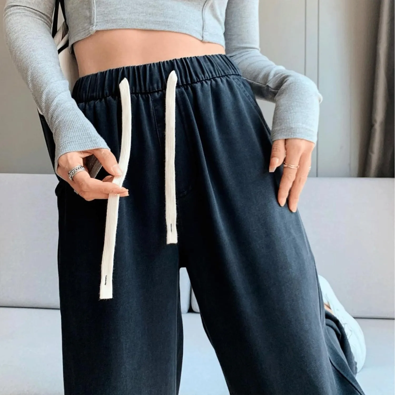 Women's Drawstring Jeans High Waisted Loose Fit Denim Pants Straight Leg Jeans Trendy Pockets Loose Wide Leg Pants