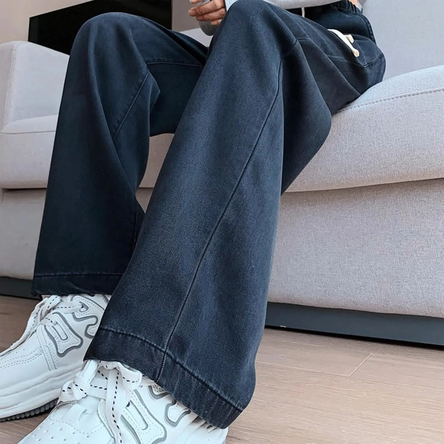 Women's Drawstring Jeans High Waisted Loose Fit Denim Pants Straight Leg Jeans Trendy Pockets Loose Wide Leg Pants