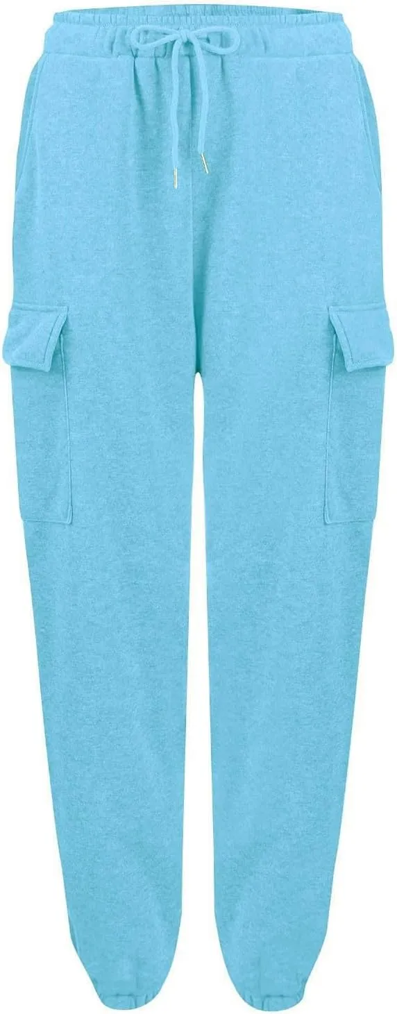Womens Fleece Warm Joggers with Pockets High Waisted Drawstring Cargo Pants Trendy Casual Sweatpants with Pockets