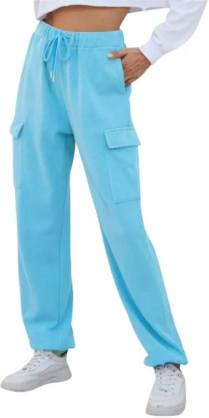 Womens Fleece Warm Joggers with Pockets High Waisted Drawstring Cargo Pants Trendy Casual Sweatpants with Pockets