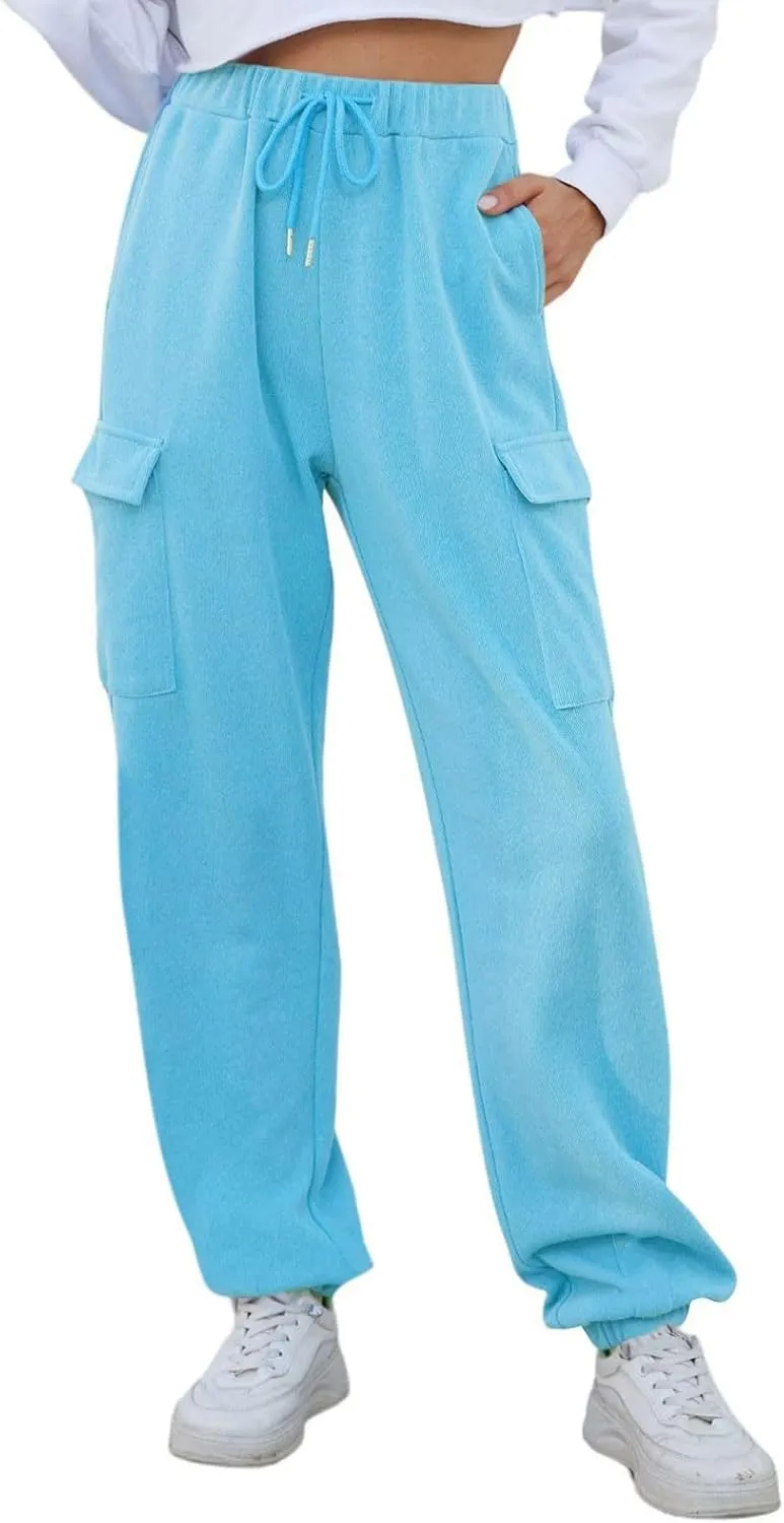 Womens Fleece Warm Joggers with Pockets High Waisted Drawstring Cargo Pants Trendy Casual Sweatpants with Pockets