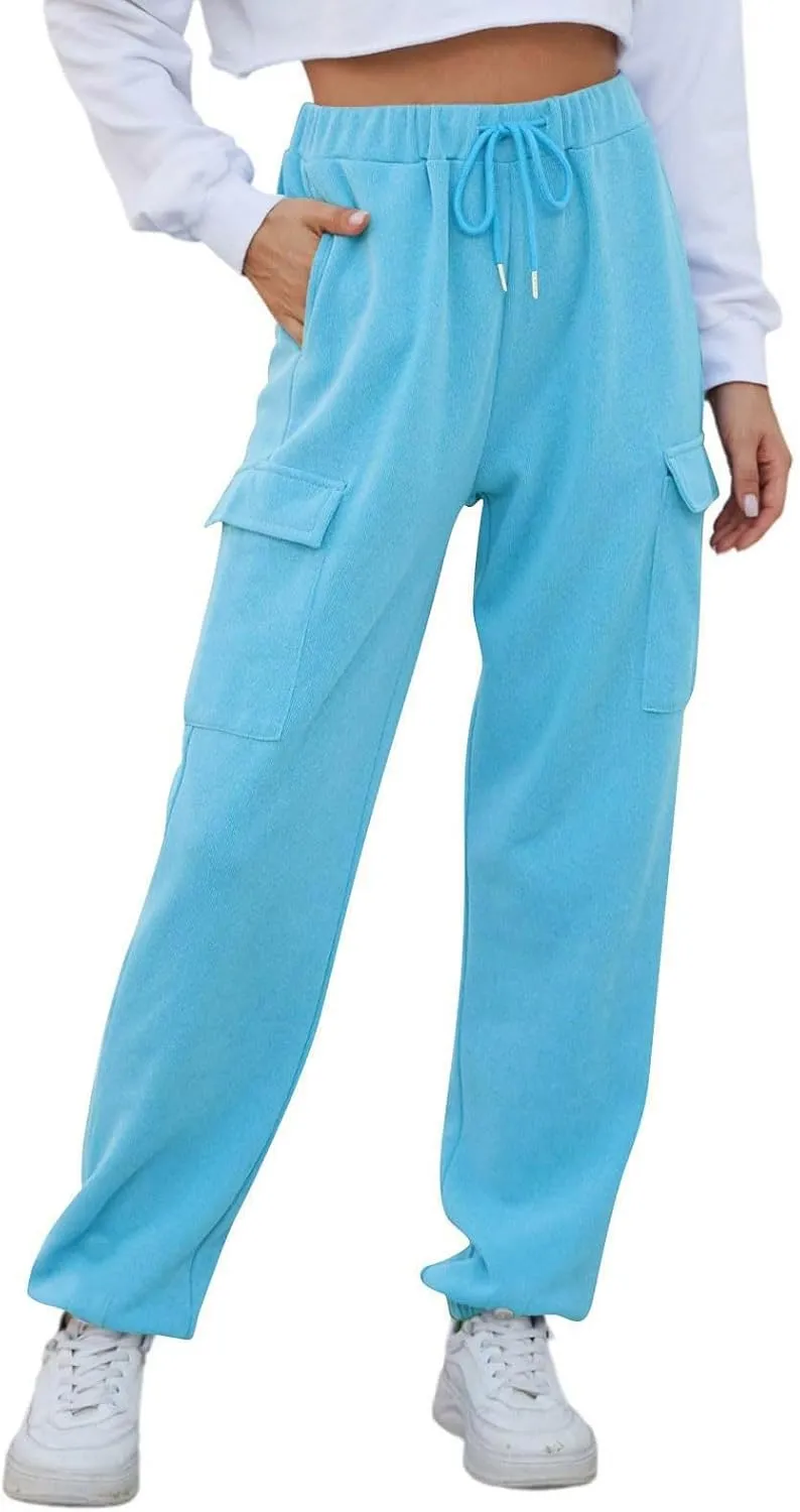 Womens Fleece Warm Joggers with Pockets High Waisted Drawstring Cargo Pants Trendy Casual Sweatpants with Pockets