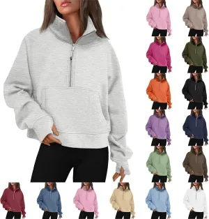 Womens Half Zip Pullover Cropped Oversized Sweatshirt Y2k Fleece Sweater Stand Collar Preppy Clothes with Thumb Holes