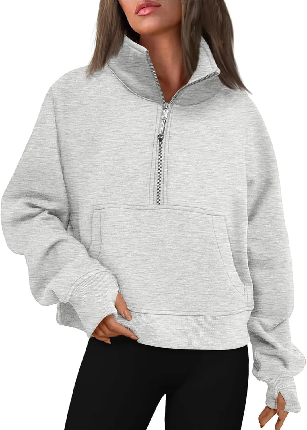 Womens Half Zip Pullover Cropped Oversized Sweatshirt Y2k Fleece Sweater Stand Collar Preppy Clothes with Thumb Holes