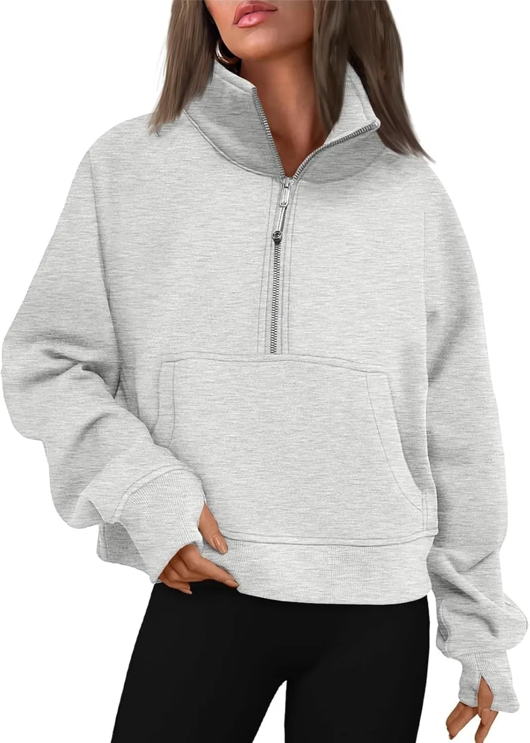 Womens Half Zip Pullover Cropped Oversized Sweatshirt Y2k Fleece Sweater Stand Collar Preppy Clothes with Thumb Holes