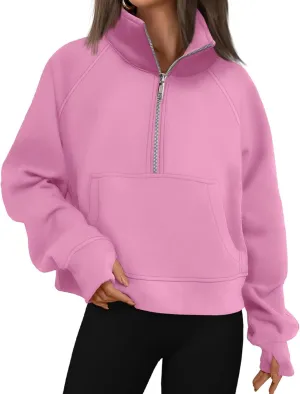 Womens Half Zip Sweatshirts Cropped Pullover Sweatershirts Fleece Pullovers Casual Long Sleeve Tops