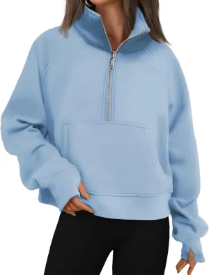 Womens Half Zip Sweatshirts Cropped Pullover Sweatershirts Fleece Pullovers Casual Long Sleeve Tops