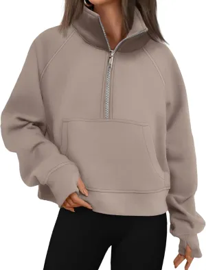 Womens Half Zip Sweatshirts Cropped Pullover Sweatershirts Fleece Pullovers Casual Long Sleeve Tops