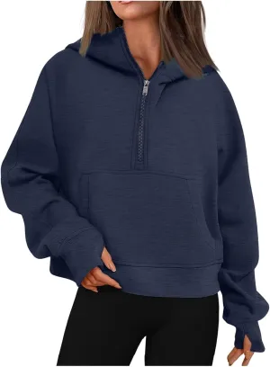 Women's Half Zip Sweatshirts Lapel Pullover Cropped Sweatshirts With Pocket Fall Outfits for Women 2024