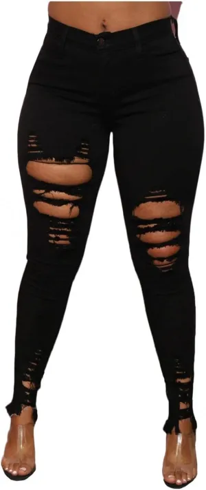 Womens High Waist Ripped Jeans Distressed Ripped Butt Lifting Skinny Jeans Skinny Stretch Knee Denim Leggings Pants