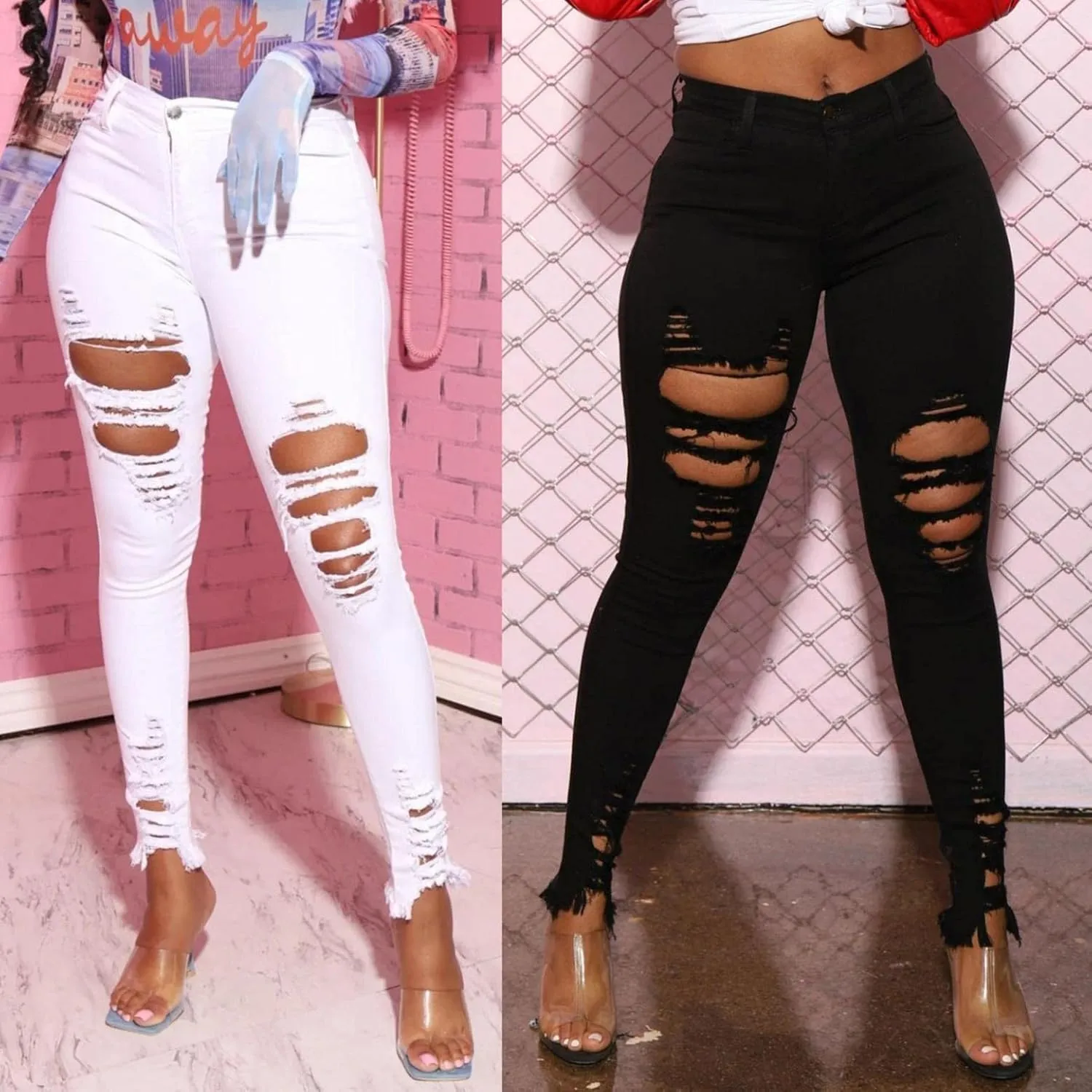 Womens High Waist Ripped Jeans Distressed Ripped Butt Lifting Skinny Jeans Skinny Stretch Knee Denim Leggings Pants