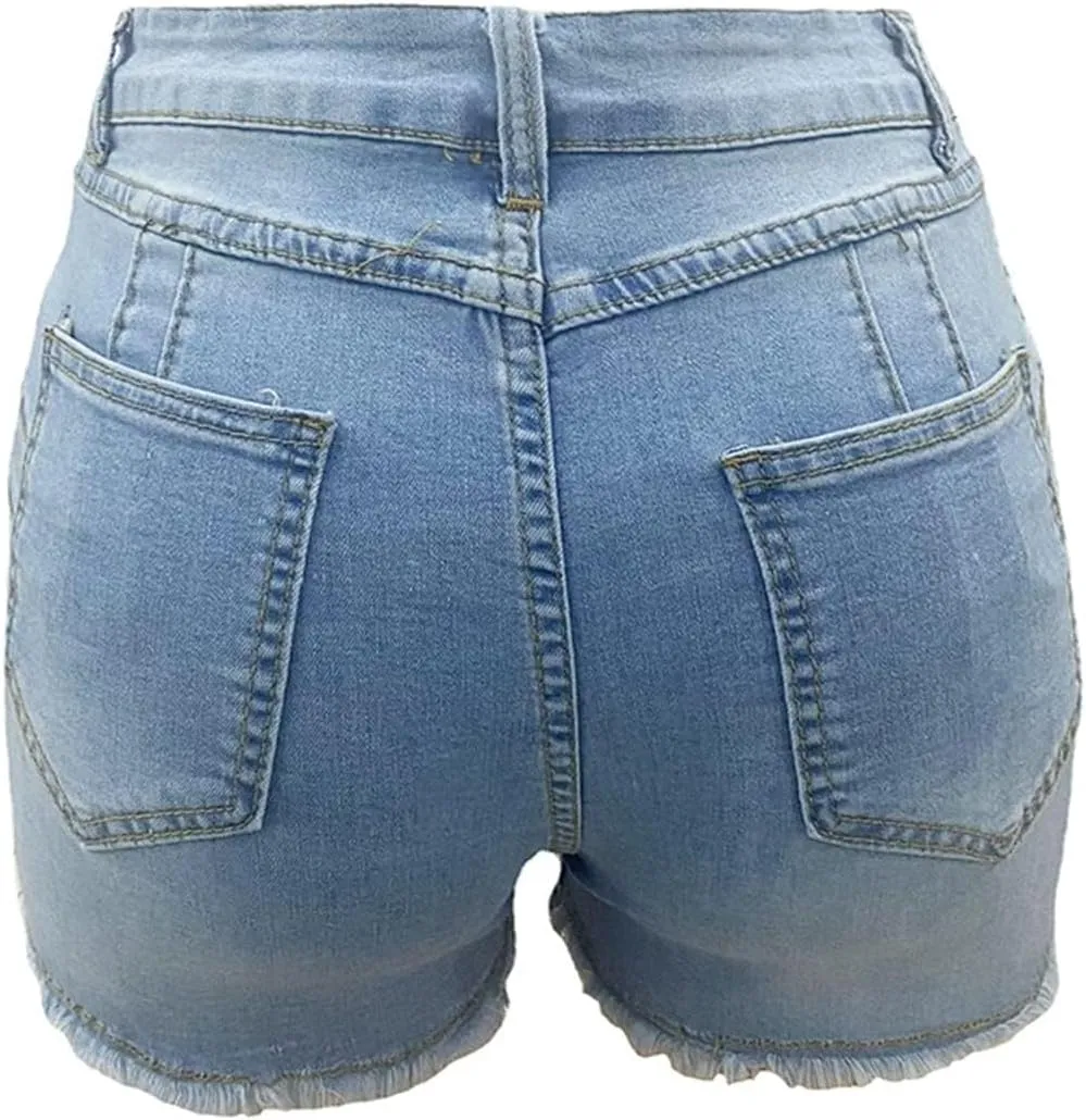 Womens High Waisted Jean Shorts Casual Ripped Frayed Raw Hem Stretchy Denim Shorts Sexy Curvy Short Pants with Pockets