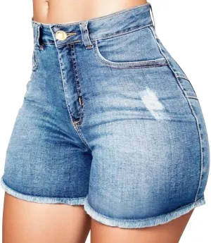 Womens High Waisted Jean Shorts Casual Ripped Frayed Raw Hem Stretchy Denim Shorts Sexy Curvy Short Pants with Pockets