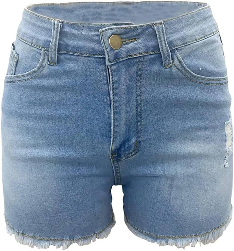 Womens High Waisted Jean Shorts Casual Ripped Frayed Raw Hem Stretchy Denim Shorts Sexy Curvy Short Pants with Pockets