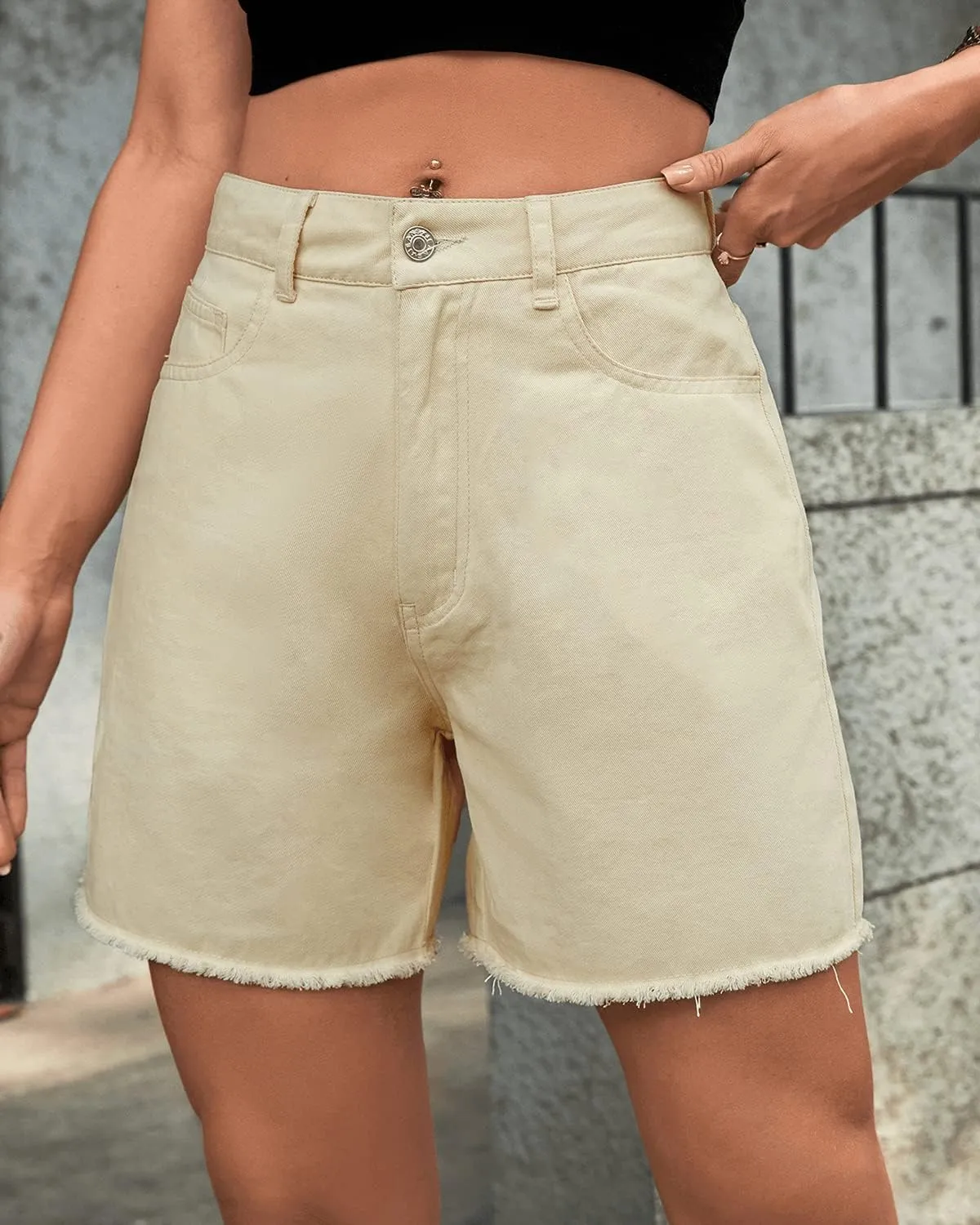 Womens High Waisted Straight Leg Hotpants Denim Shorts Washed Raw Hem Jean Bermuda Shorts with Pockets