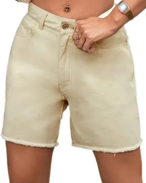 Womens High Waisted Straight Leg Hotpants Denim Shorts Washed Raw Hem Jean Bermuda Shorts with Pockets