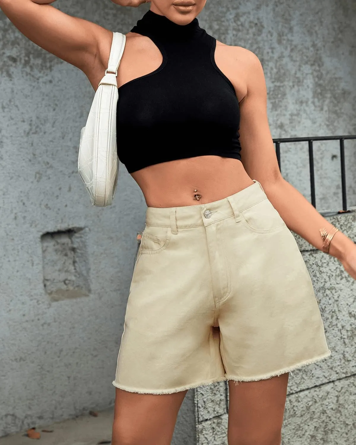 Womens High Waisted Straight Leg Hotpants Denim Shorts Washed Raw Hem Jean Bermuda Shorts with Pockets