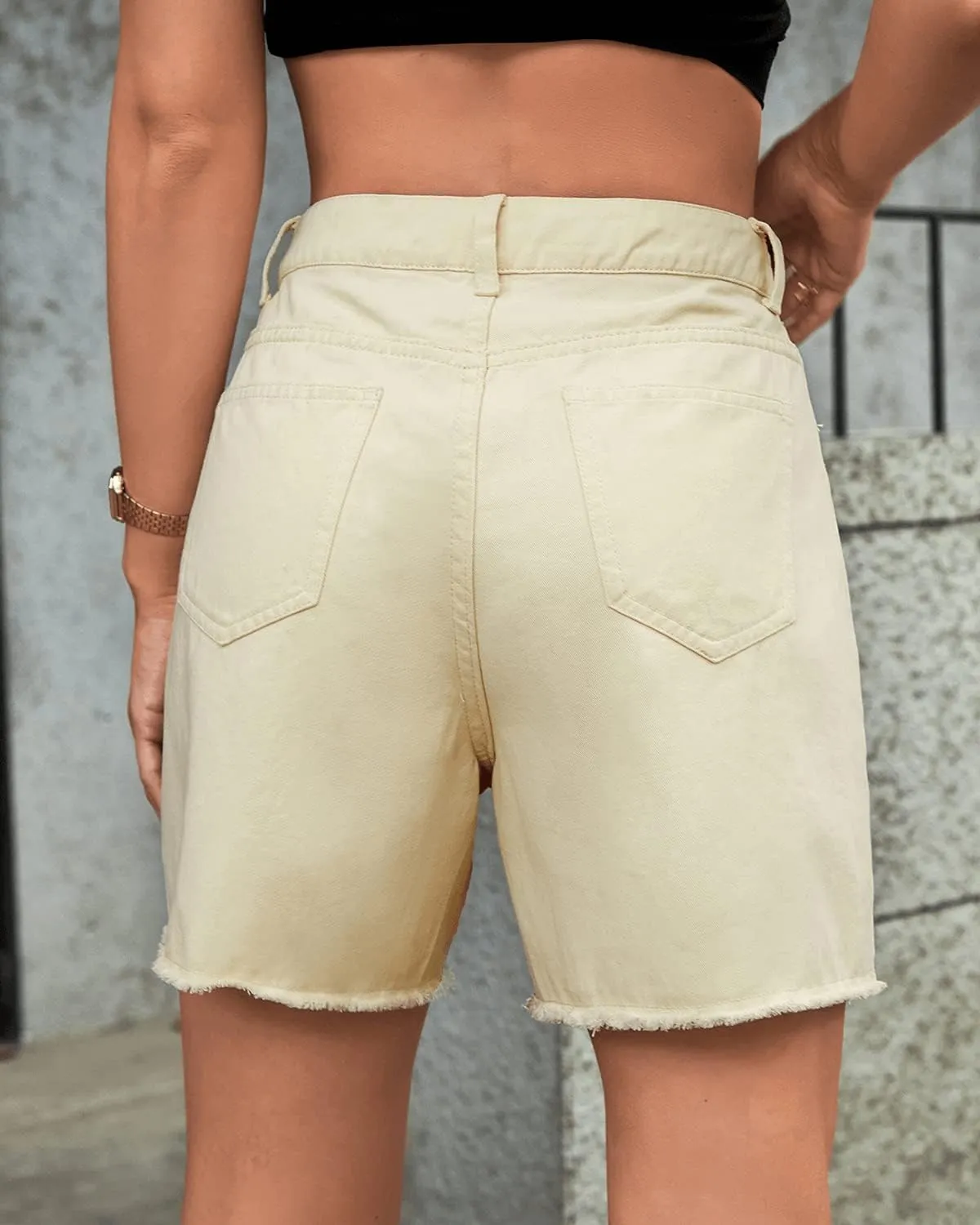 Womens High Waisted Straight Leg Hotpants Denim Shorts Washed Raw Hem Jean Bermuda Shorts with Pockets